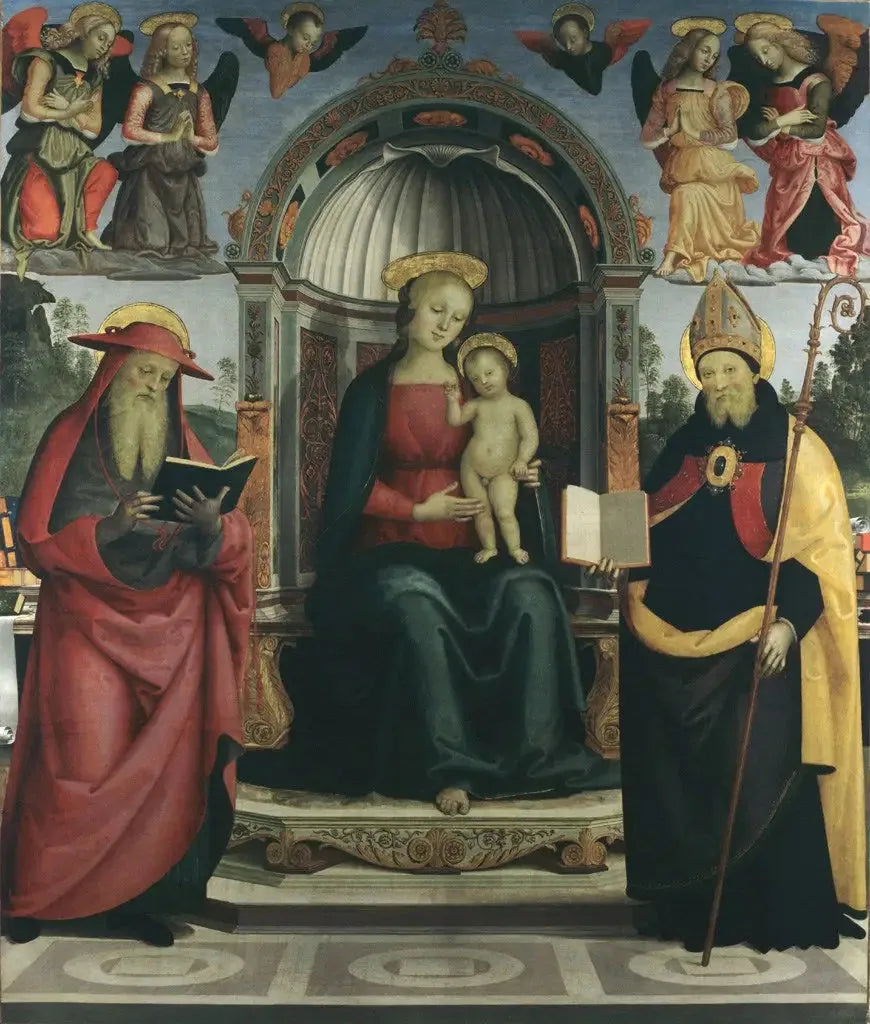Jomfru med barnet på tronen mellom Saint Jerome, Saint Augustin, fire engler og to keruber - Pietro Perugino