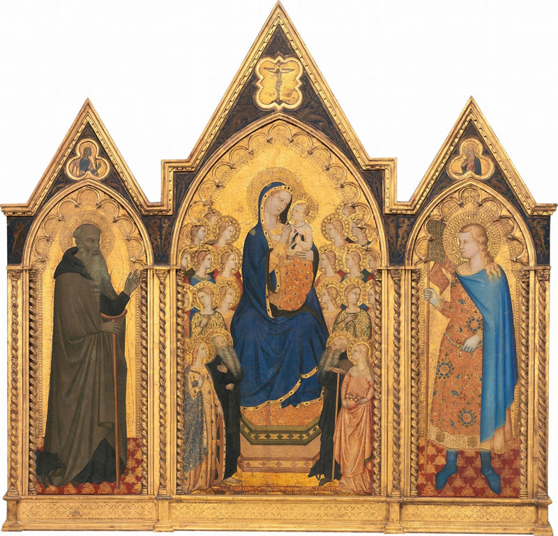 Jomfru med barnet som troner med helgener og engler, og helgen Anton abbé og helgen Vénantius - Allegretto Nuzi