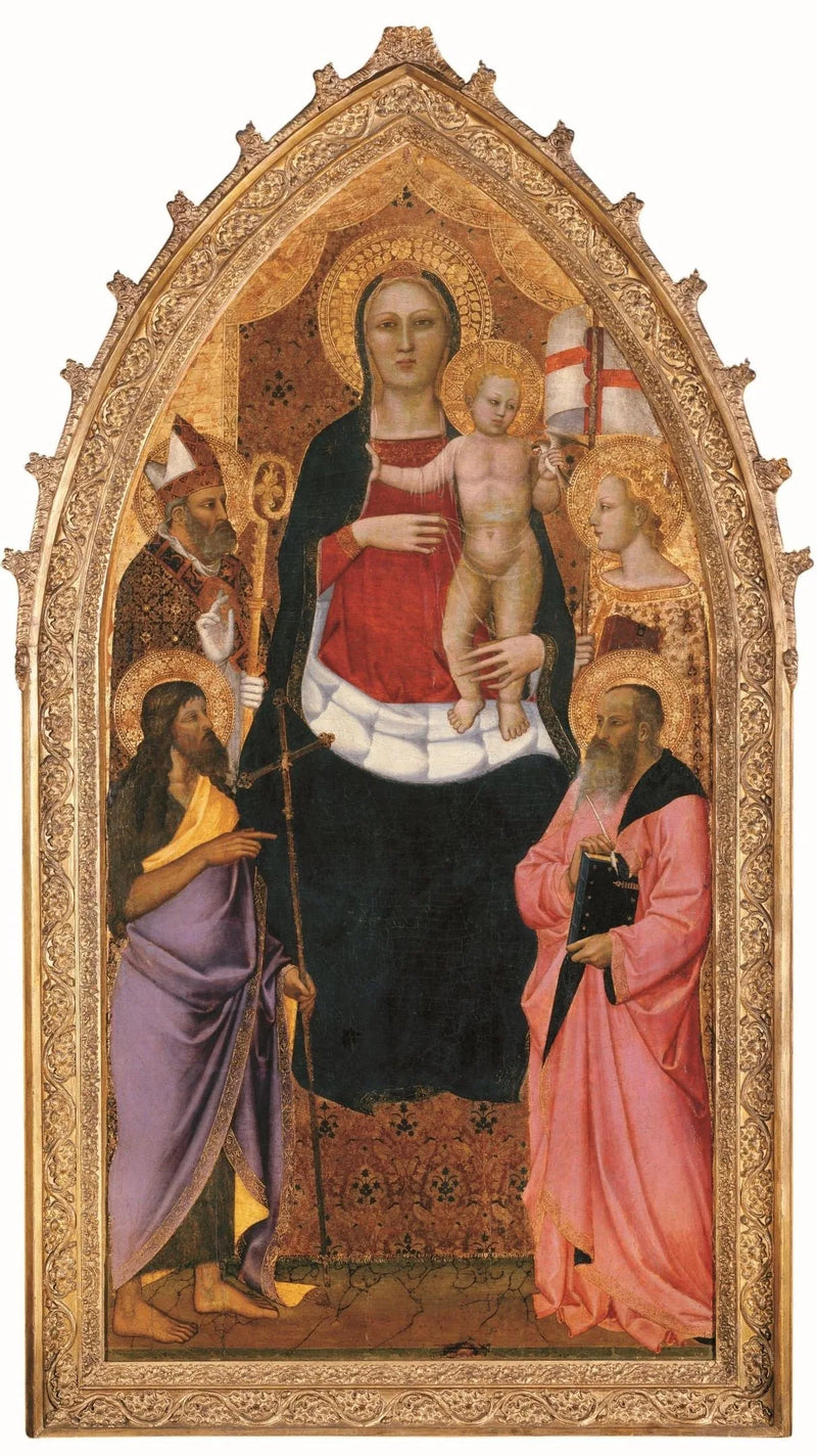 Jomfru med barnet som troner med helgener Zénobe, Johannes Døperen, Reparata og Johannes Evangelisten - Nardo di Cione