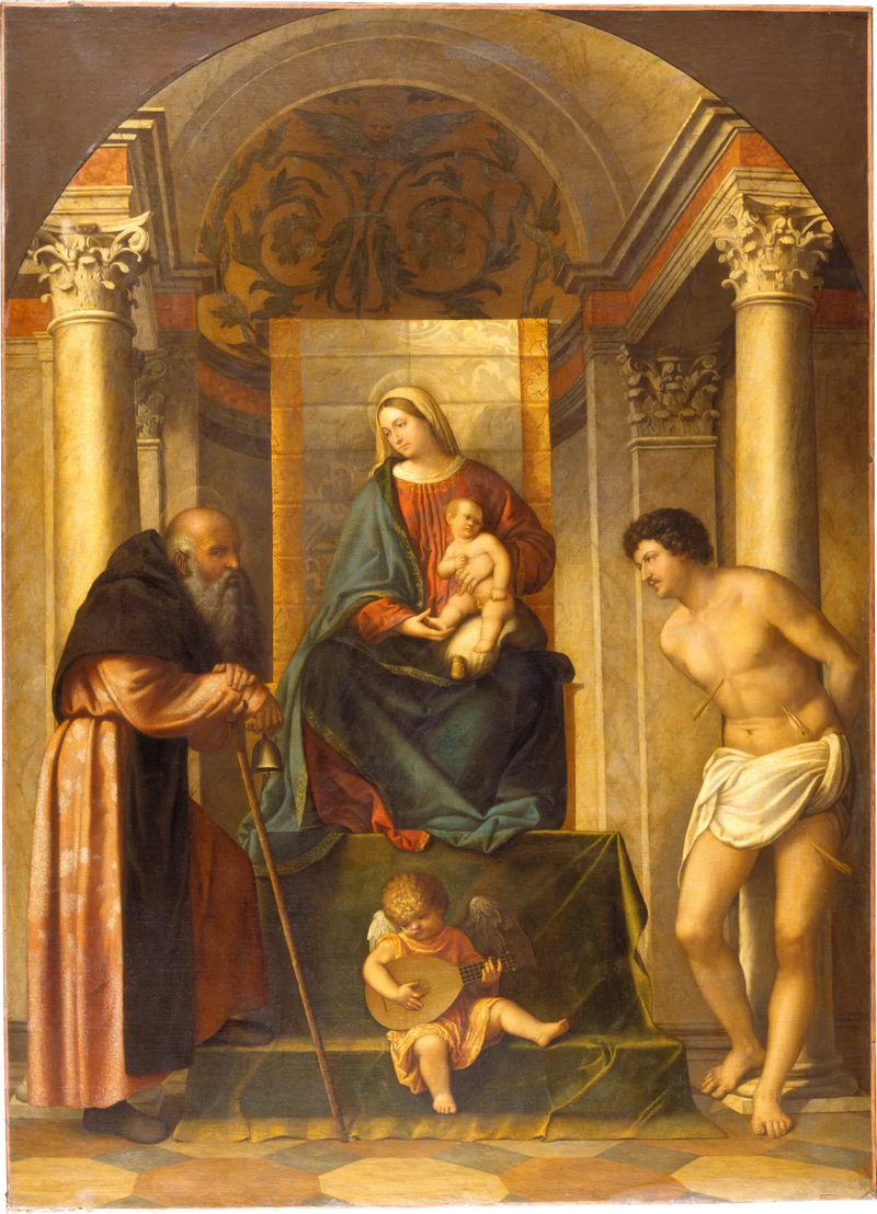 Jomfru med barnet på trone med Saint Antoine l'Abbé og Saint Sebastian - Alessandro Bonvicino