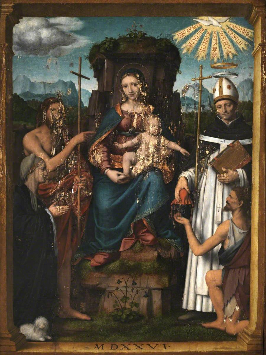 Jomfru med barnet som troner med Johannes Døperen, Saint Antonin, en donator og en tigger - Bernardino Luini