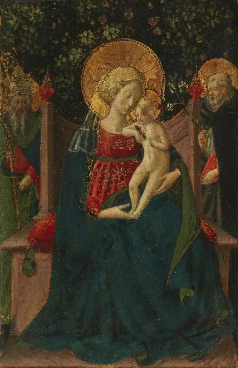 Jomfru med barnet som troner mellom Saint Dominique og en pavelig helgen (tidligere tilskrevet Domenico di Michelino) - Benozzo Gozzoli