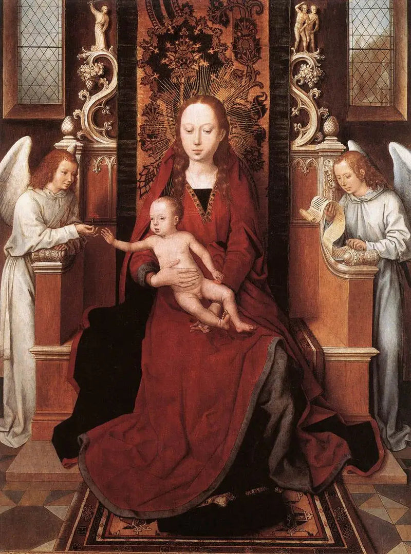 Jomfru på trone med barnet og to engler - Hans Memling