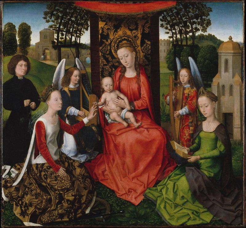 Jomfru og barn med helgenkvinnen Katarina av Alexandria og Barbara - Hans Memling