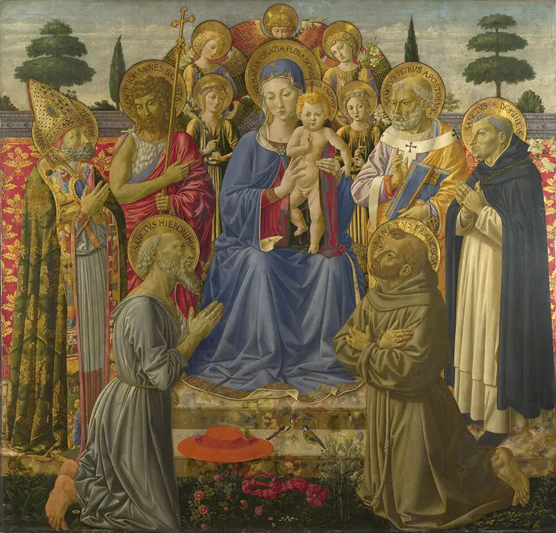 Jomfruen og barnet som troner blant engler og helgener - Benozzo Gozzoli