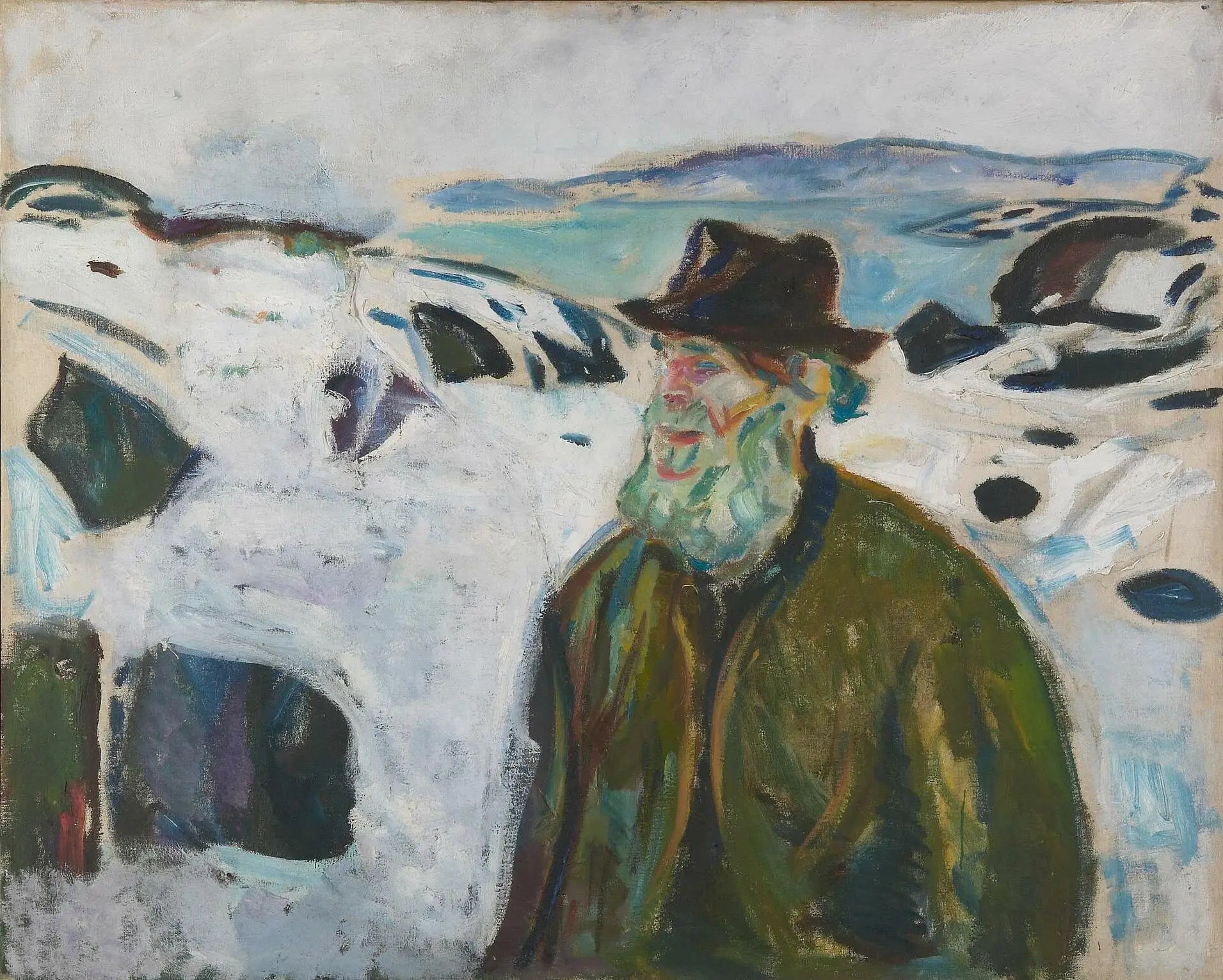 Reproduction du tableau « Vieux Pêcheur sur une côte couverte de neige - Edvard Munch » par Alpha Reproduction en peinture à l’huile