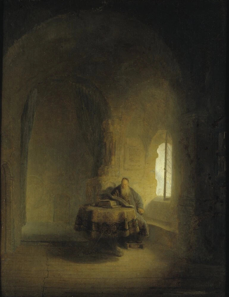 En gammel lærde ved et vindu i et hvelvet rom - Rembrandt
