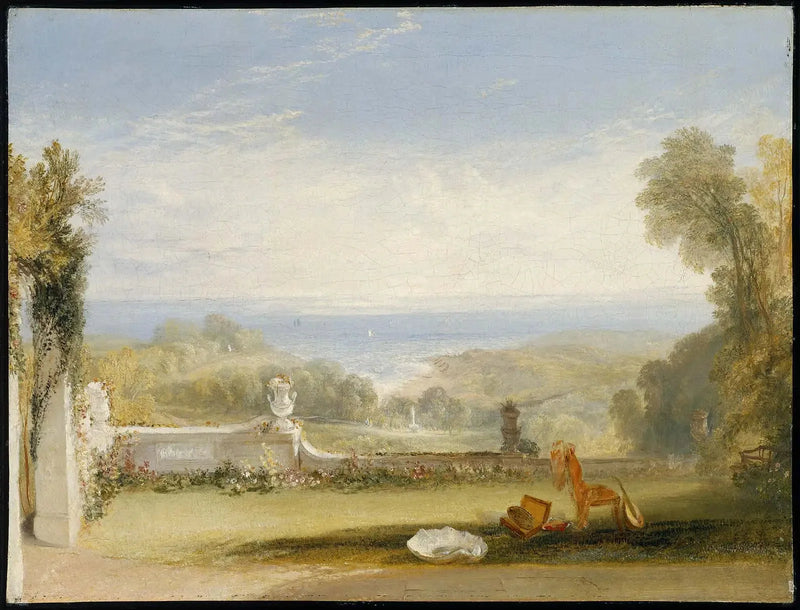 Utsikt fra terrassen til en villa i Niton, Isle of Wight, fra skisser av en dame - J. M. W. Turner
