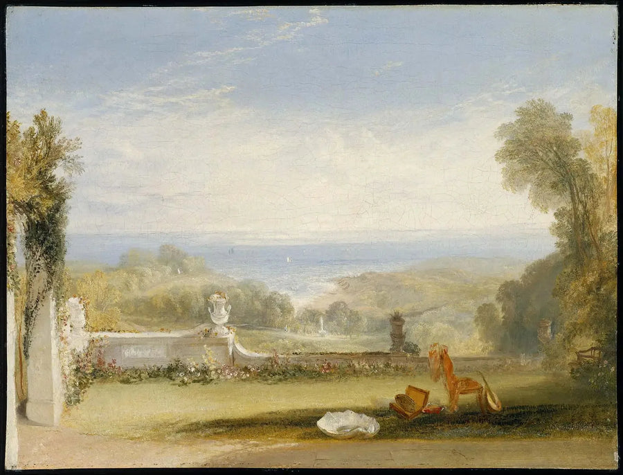 Utsikt fra terrassen til en villa i Niton, Isle of Wight, fra skisser av en dame - J. M. W. Turner