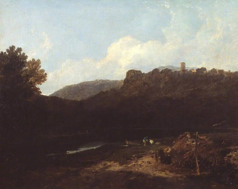 Utsikt i Wales: Fjellandskap med landsby og slott - Kveld - J. M. W. Turner
