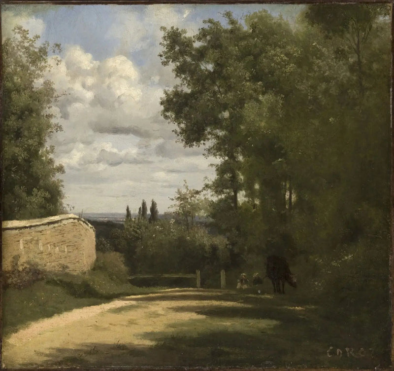 Ville d'Avray, vei kantet av en mur som fører til dammene - Jean-Baptiste Camille Corot