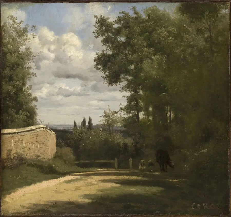 Ville d'Avray, vei kantet av en mur som fører til dammene - Jean-Baptiste Camille Corot