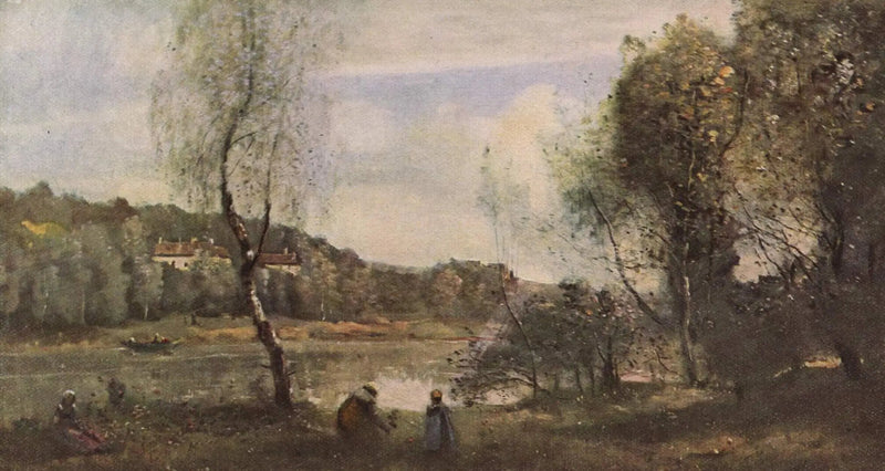 Ville d'Avray, tjernet ved bjørk foran villaene - Jean-Baptiste Camille Corot
