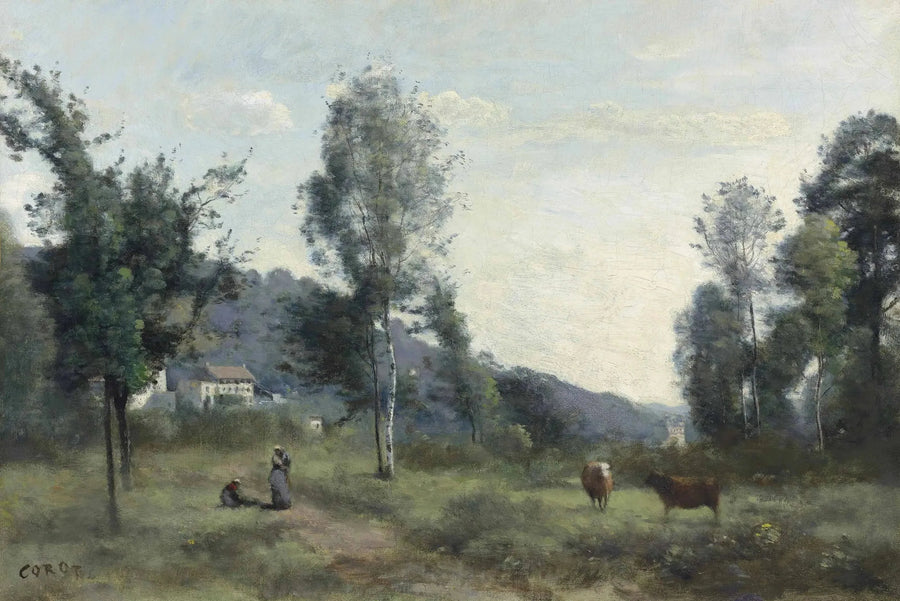 Ville d'Avray, beitemark med, i bakgrunnen, en ås i tåke - Jean-Baptiste Camille Corot