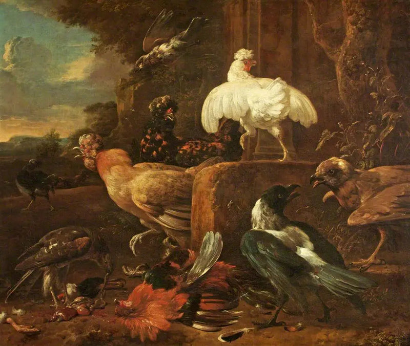 Fugl angrepet av rovdyrfugler i et landskap - Melchior de Hondecoeter