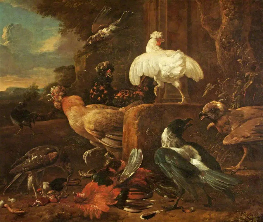 Fugl angrepet av rovdyrfugler i et landskap - Melchior de Hondecoeter