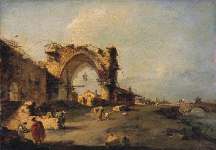 Utsikt over en liten by med en bro og en monumentalt gotisk port i ruiner - Francesco Guardi
