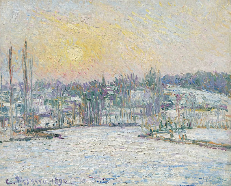 Utsikt over Bazincourt, snøeffekt, solnedgang - Camille Pissarro