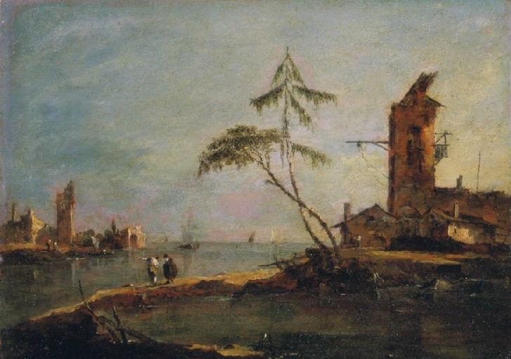 Utsikt over inngangen til en kanal med to tårn - Francesco Guardi