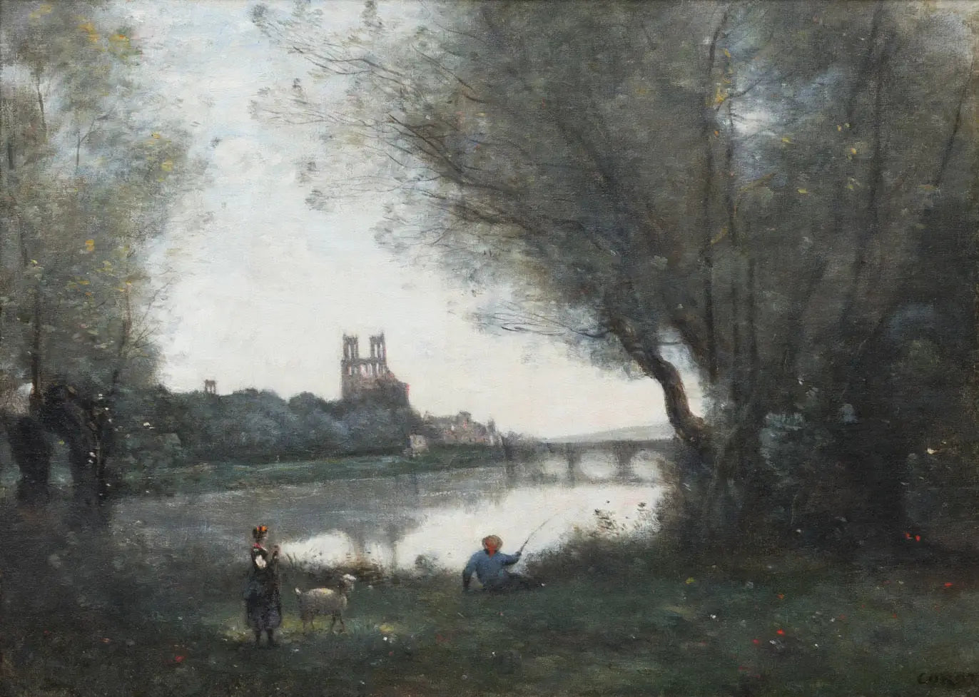 Vue de la cathédrale et du pont de Mantes avec un chevrier et un pêcheur - Jean-Baptiste Camille Corot - Alpha
