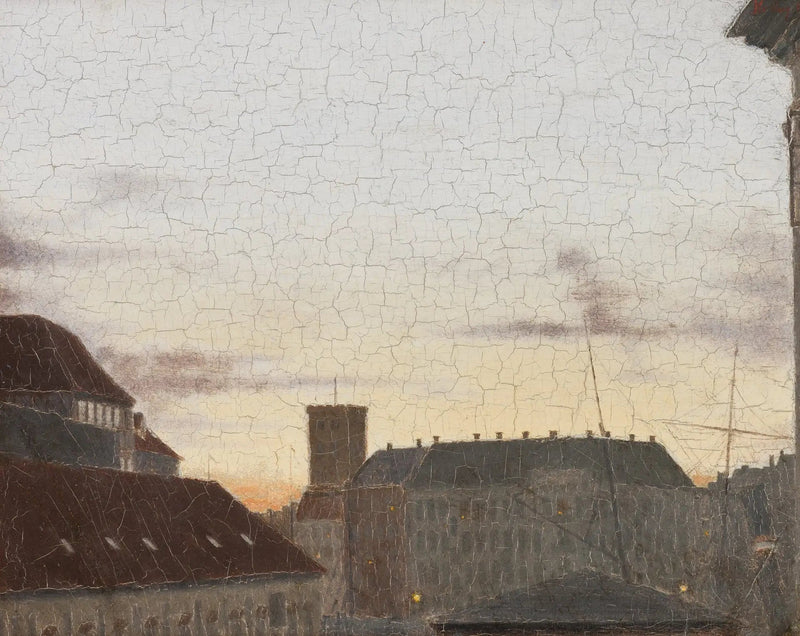 Utsikt mot Gammelholm, med Saint-Nicolas-kirkens tårn i bakgrunnen. Solrik sommerkveld i København. - Peder Severin Krøyer