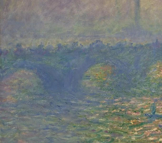Détail de la rive industrielle et de la brume dans Waterloo Bridge W1555 de Claude Monet