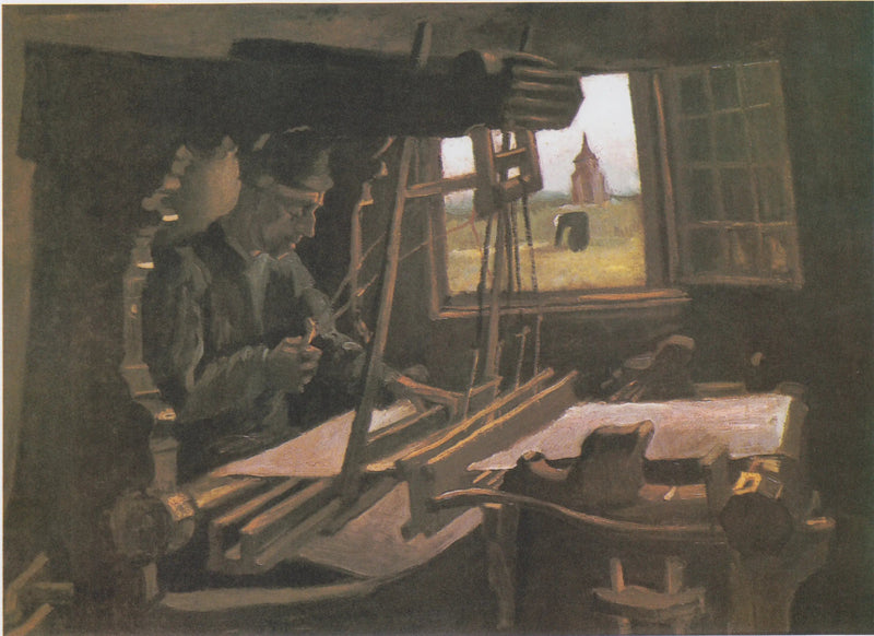 Weber foran et åpent vindu med utsikt mot Nuenen-tårnet - Vincent van Gogh